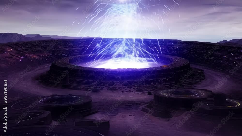 Poster futuristic cityscape with glowing lights and circular patterns, creating a captivating scene of adva