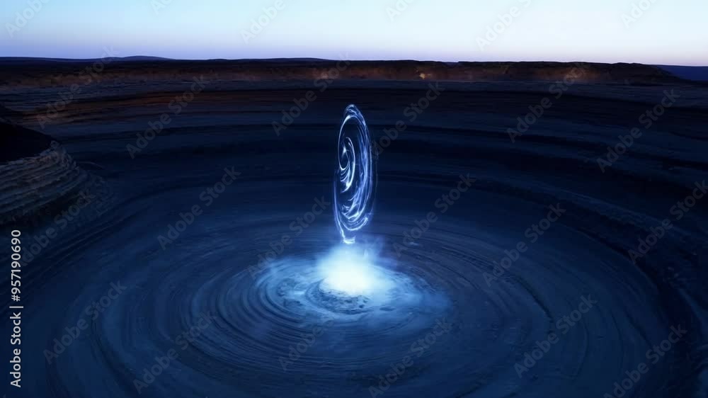Poster mesmerizing aerial view of a glowing crater illuminating the surrounding desert landscape at dusk, c