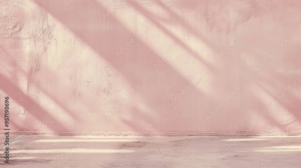 Poster soft pink plaster wall with textured shadows in calm indoor setting, low-angle shot capturing serene