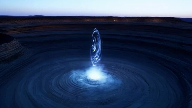 Mesmerizing aerial view of a glowing crater illuminating the surrounding desert landscape at dusk, creating a captivating and otherworldly atmosphere