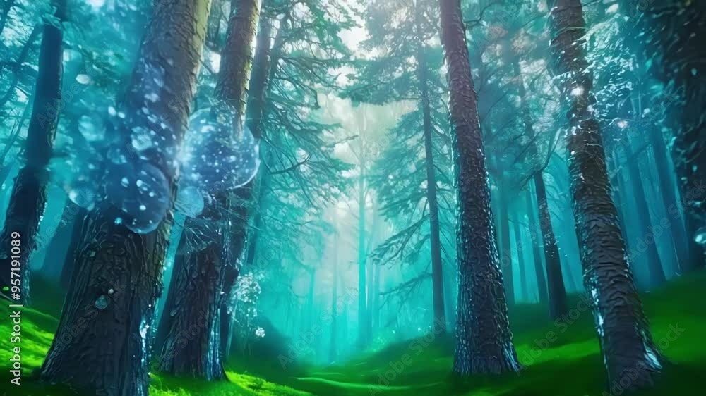 Poster sunbeams gently illuminate a winding path through a magical forest, with glowing trees and green mos