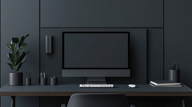 Stylish office space with minimalist furnishings, muted color tones, and a well-organized desk to create a serene work environment