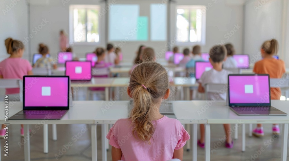 Poster young students collaborating with laptops and tablets in brightly lit classroom, emphasizing modern 