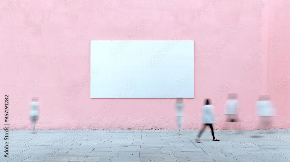 Poster serene indoor scene with blurred motion and minimalist pink plaster wall low-angle mockup of people 