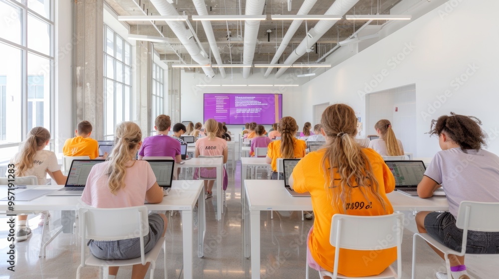 Leinwandbilder diverse group of students collaborating with laptops in modern, brightly lit classroom focused on in