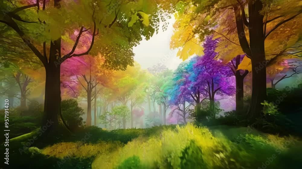 Poster golden sunlight is shining through the trees of a colorful and vibrant fantasy forest. this magical 
