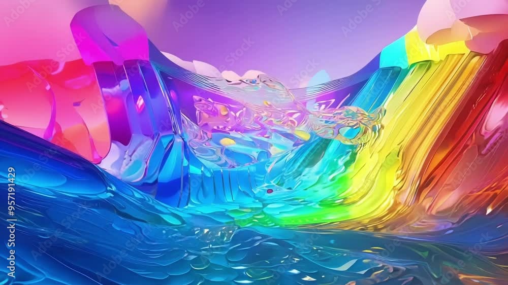 Poster vibrant and surreal landscape is depicted, featuring flowing lines and swirls of rainbow colors, cre