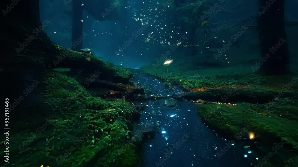 Aufkleber floating lights glow in a dark forest, with a meandering river and moss covered trees creating a ser