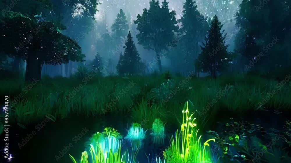 Poster fantasy forest glowing under a starry sky, with lush green grass and tall trees shrouded in mist, cr