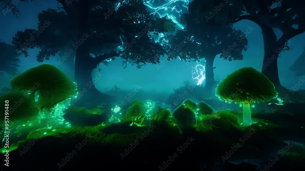 Poster glowing mushrooms and plants illuminate a clearing in a mysterious forest at night, creating a magic