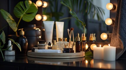 Side view of leisure items or skincare aspects shown on a sign backdrop