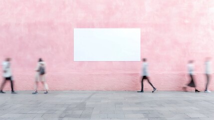 Fototapeta premium Minimalist Indoor Wall Mockup with Motion Blur Passersby - Low-Angle Shot of Soft Pink Plaster Wall with Blank Poster and Tranquil Ambiance