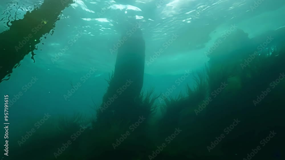 Poster sunbeams filter through clear waters, illuminating a kelp forest on the ocean floor in shades of tur