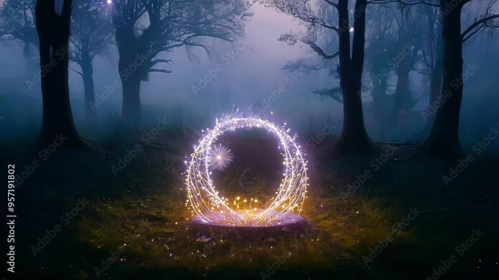 Poster Glowing magical portal in a dark, foggy forest creates a mysterious and enchanting atmosphere, perfect for halloween or fantasy backgrounds. Step into a surreal world of light and darkness