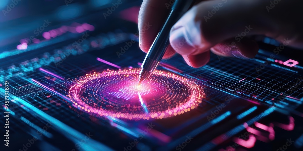Poster close-up of a hand using a stylus to interact with a futuristic digital interface, glowing with vibr