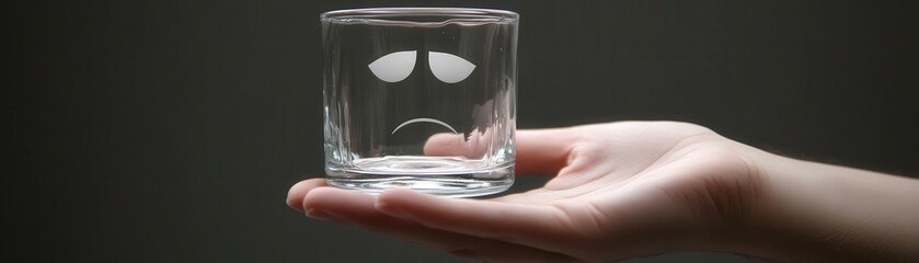 A hand grasping an empty glass, with a reflection of a sad face in the clear surface, symbolizing the emotional emptiness and yearning for fulfillment