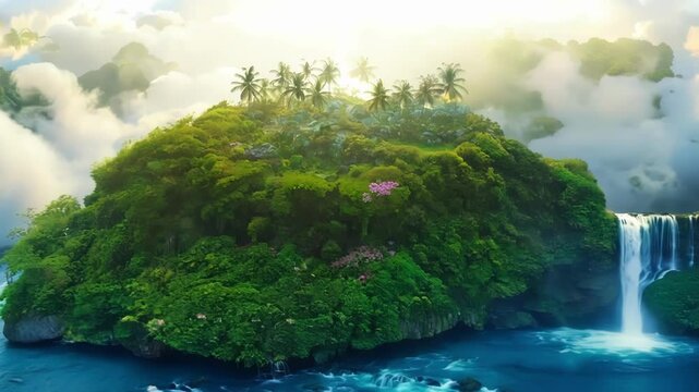 Fantasy landscape featuring a lush tropical island floating in the sky, adorned with palm trees, vibrant flowers, and a cascading waterfall, creating a breathtaking and surreal scene