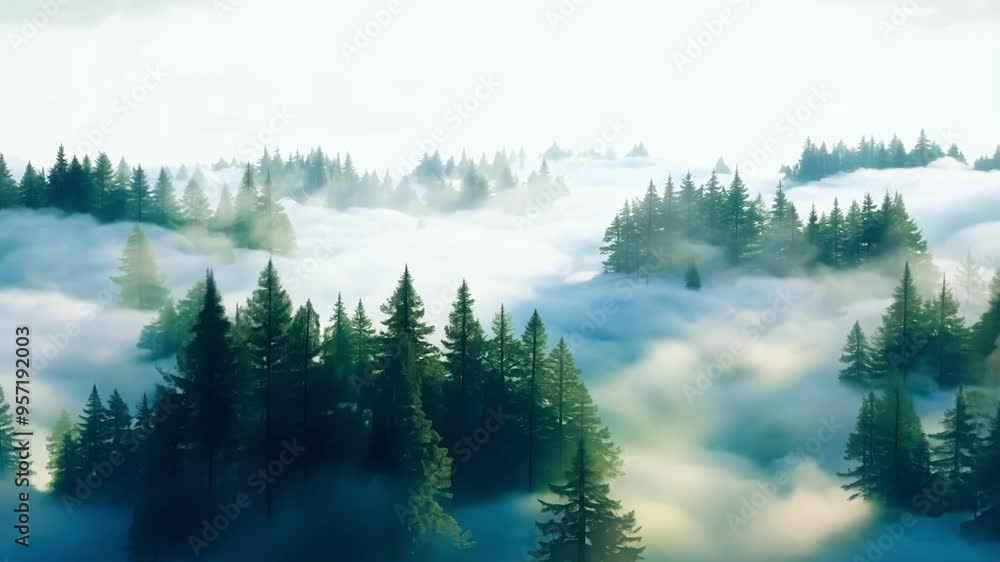 Poster beams of sunlight are filtering through a thick fog bank, illuminating the tops of evergreen trees i