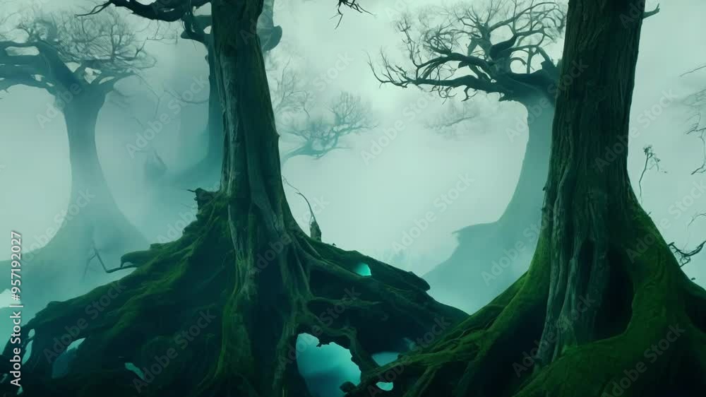 Poster gnarled, moss covered trees with exposed roots dominate a swamp shrouded in an ethereal green fog. t