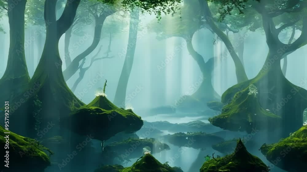 Aufkleber Sunbeams are shining through the fog and trees of this fantasy forest with glowing mushrooms growing around the roots of the trees