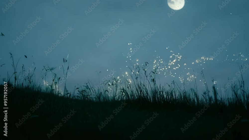 Poster magical sparkles twinkle above glowing grass on a moonlit night, creating a mysterious, surreal atmo