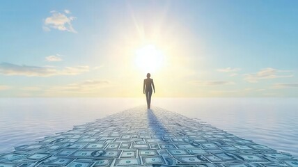 Fototapeta premium A person confidently walking on a path made of dollar bills, leading towards a bright, prosperous horizon, representing unwavering belief in financial success
