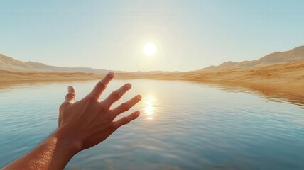 A person reaching out towards a mirage of water in a desert, symbolizing emotional longing and unmet desires
