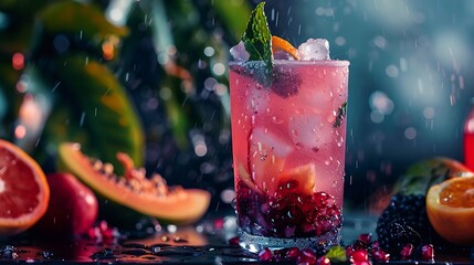 Signature drinks sparkle in a culinary extravaganza on black interspersed with vibrant exotic juices