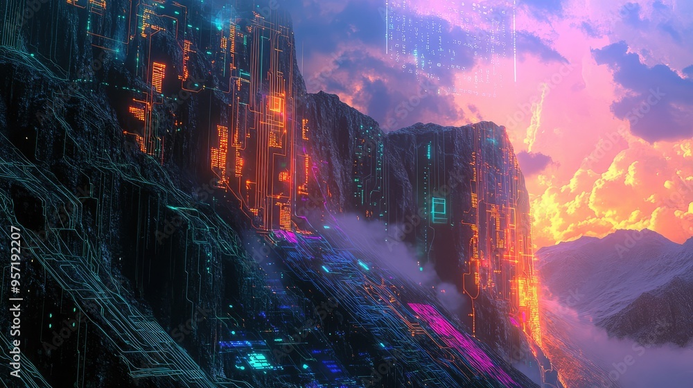 Poster a futuristic mountain range with computer circuits and glowing data streams, set against a digital s