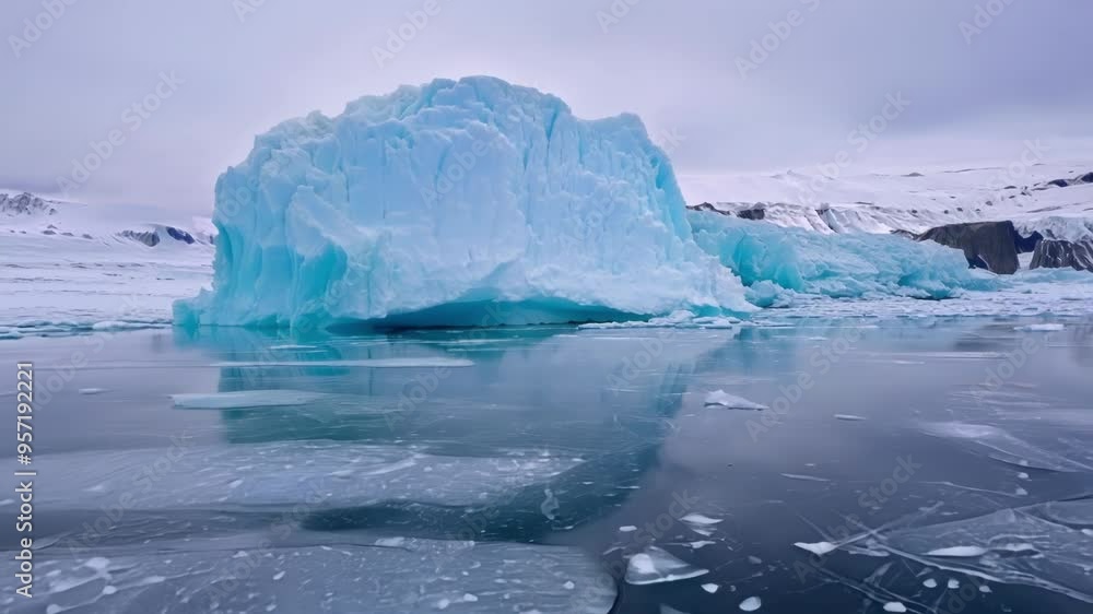 Poster Giant turquoise iceberg is reflecting on the surface of the arctic ocean on a cloudy day, creating a mesmerizing spectacle