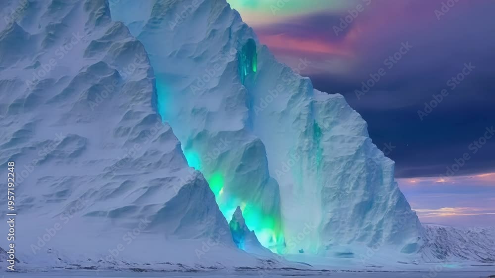 Poster mesmerizing northern lights dance above snowy mountains and a frozen lake, creating a magical winter