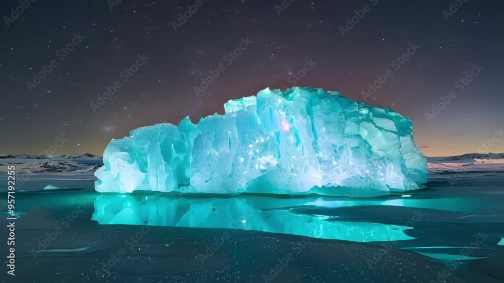 Aufkleber Turquoise iceberg is glowing under the milky way, illuminating the frozen landscape with an otherworldly light. The serene beauty of nature is on full display in this captivating scene