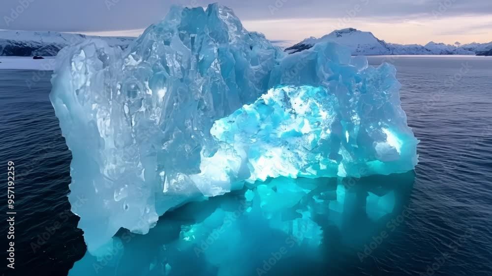 Aufkleber Iceberg is floating in arctic waters, glowing with an otherworldly blue light, while the setting sun casts a warm glow on the snow capped mountains in the distance