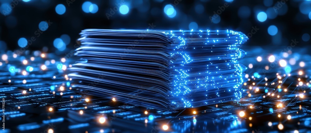 Poster futuristic data storage concept with glowing digital circuits and stacked devices, representing adva