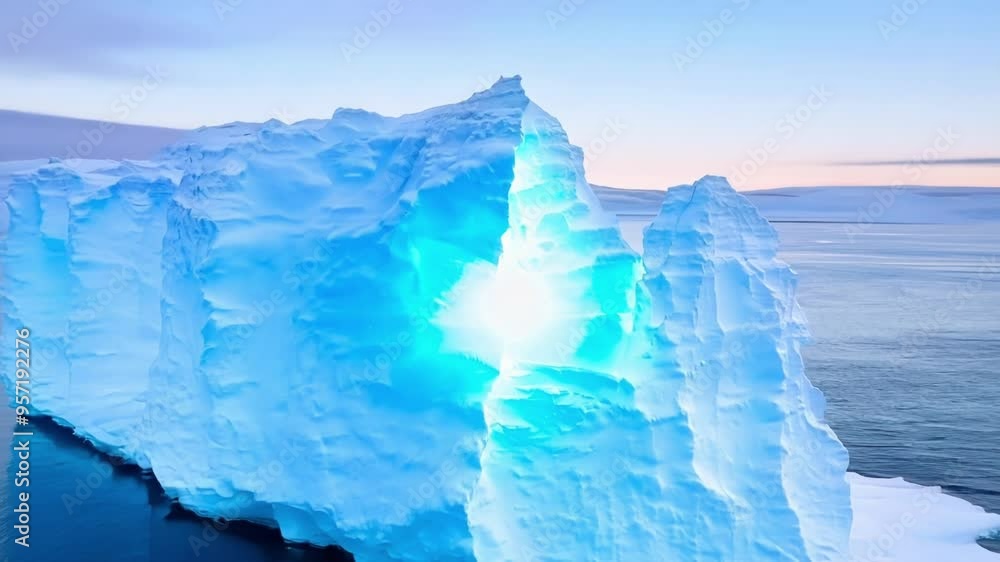 Poster Bright light is shining through a crack in a giant glacier, illuminating the ice with an otherworldly glow. This fantasy landscape evokes a sense of wonder and adventure
