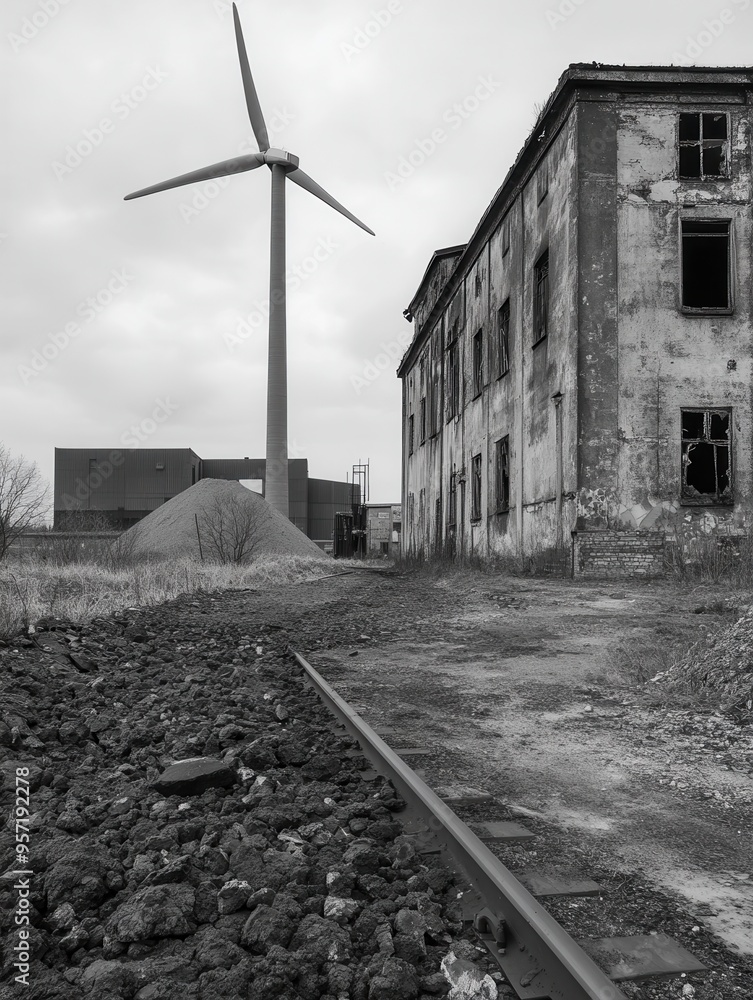 Aufkleber wind turbines stand tall against the backdrop of old coal factories, marking a shift toward sustaina