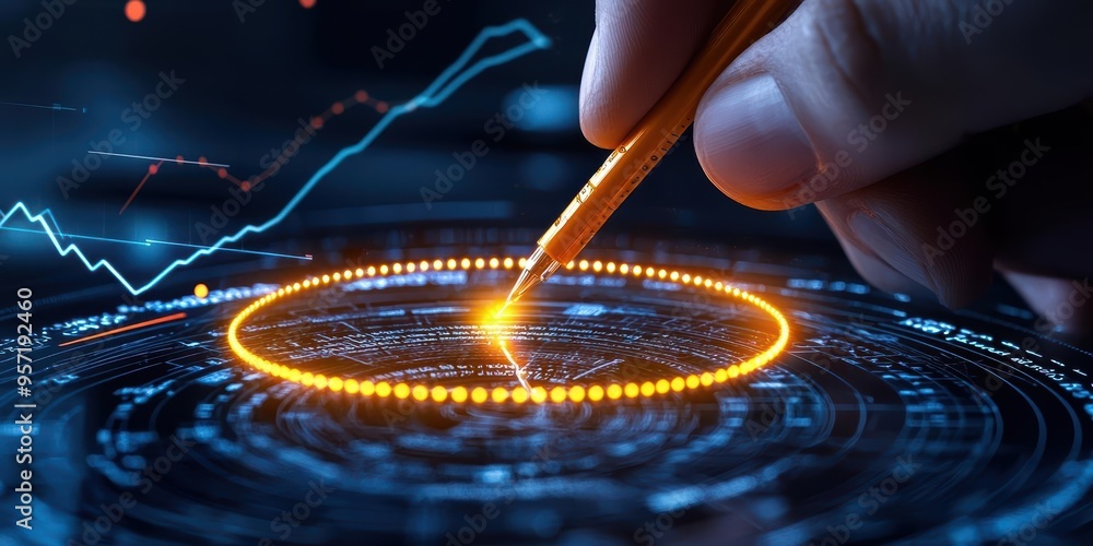 Poster hand interacting with futuristic touchscreen interface, illustrating digital technology, innovation,