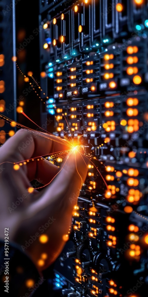 Poster hand interacting with glowing lights and cables in a server room, representing data management and t