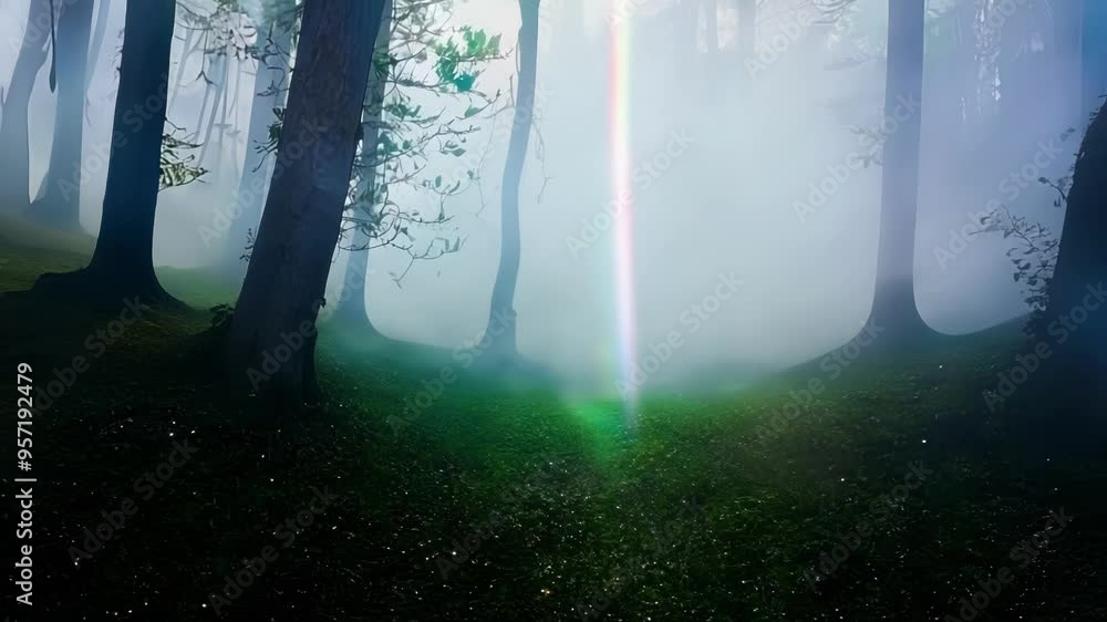 Poster mysterious forest with a rainbow light beam shining through fog, creating a magical atmosphere. colo