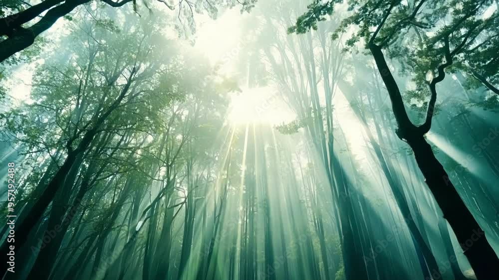 Poster Sunlight filters through misty forest, creating magical atmosphere. Green trees glow in morning light, like scene from fairytale