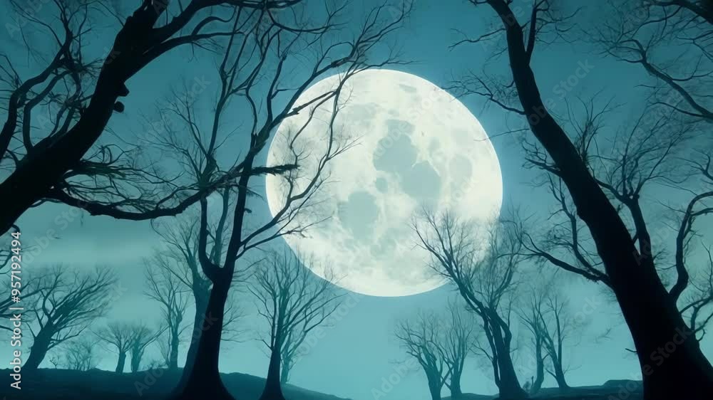 Poster The full moon glows over a spooky forest with bare trees, creating an eerie atmosphere perfect for halloween backgrounds. Moonlight shines through branches in a creepy, foggy environment
