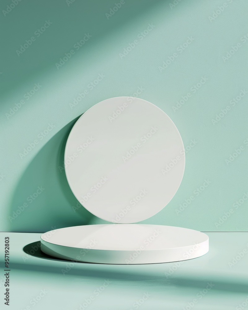 Poster Minimalist Soft White Circular Podium on Pastel Teal Background with Gentle Shadows in Diffused Lighting