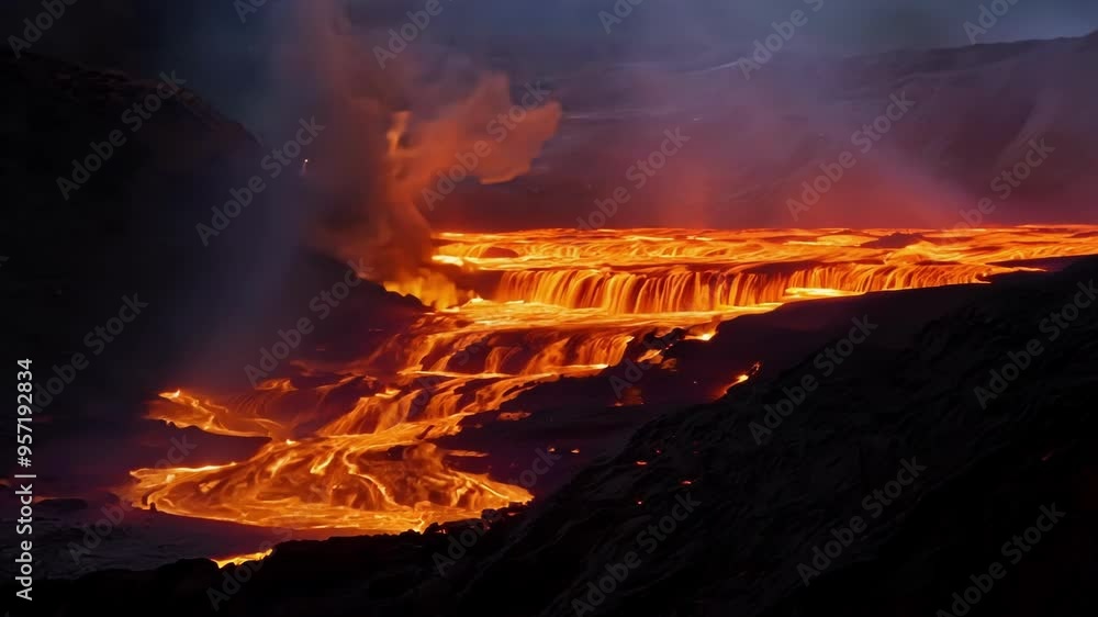 Poster Fantasy landscape with a river of lava flowing down a mountainside at twilight, creating a mesmerizing display of nature's power