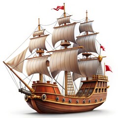 3D Rendered Wooden Pirate Ship with White Sails, Cannon, and Red Flags, Pirate Ship, Seafaring, Ship Illustration