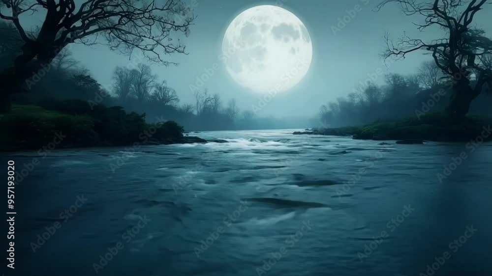 Poster river flowing through a dark forest at night is illuminated by the glow of a large full moon. this f