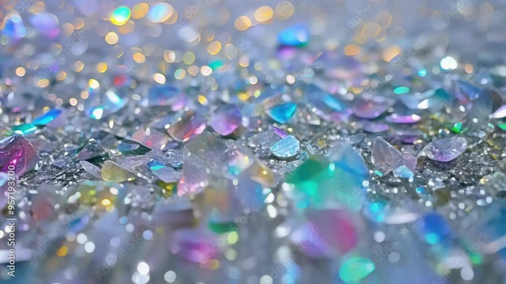 Poster Iridescent crystal shards are sparkling on a silver glitter background, reflecting rainbow colors and creating a magical and luxurious atmosphere