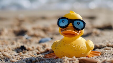 Obraz premium Sitting on the sand a yellow plastic duck with goggles faces the lens