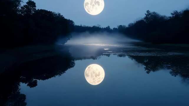 Frozen river covered in fog under a full moon, with eerie moonlight reflecting on icy water and snow, creating a magical and spooky winter scene