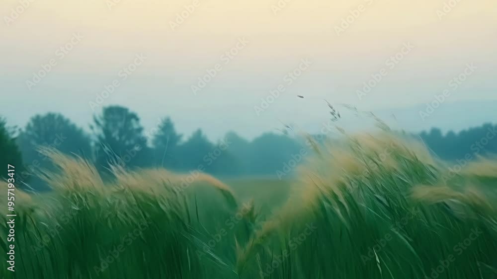 Poster wind blowing through tall grass in a field, creating a sense of movement and tranquility. the blurre