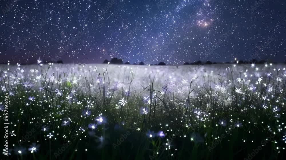 Poster magical field of flowers glowing in the night with a starry sky and a galaxy in the background. this